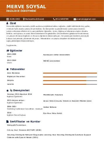 Yabancı Dil Öğretmeni Cv Örnekleri cv indir